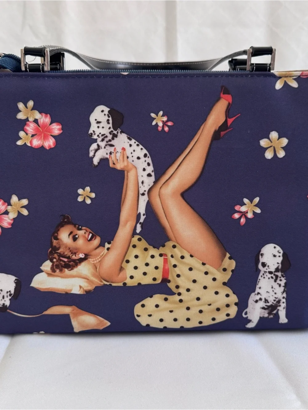 Navy Pin-Up Print Shoulder Bag with Dalmatian Motif